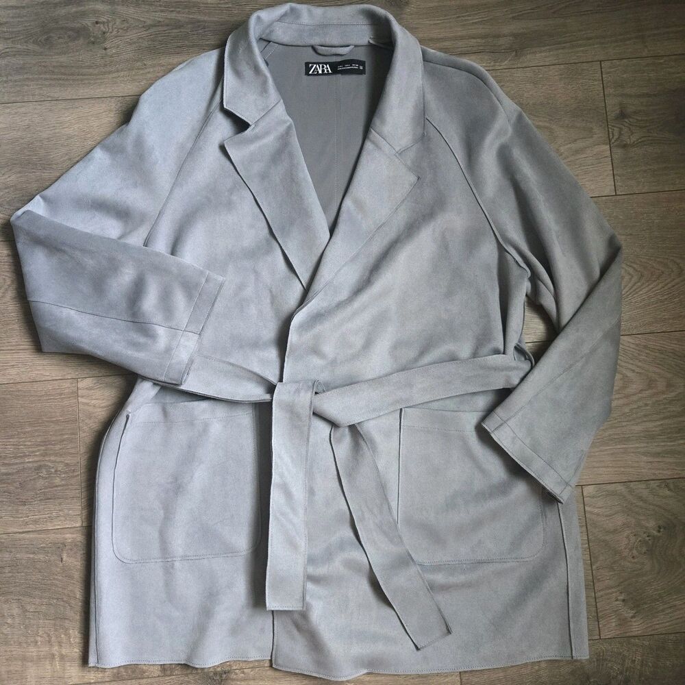 Zara Women L Faux Suede Wrap Coat Gray Blue Open Front Belted Jacket Midi Long